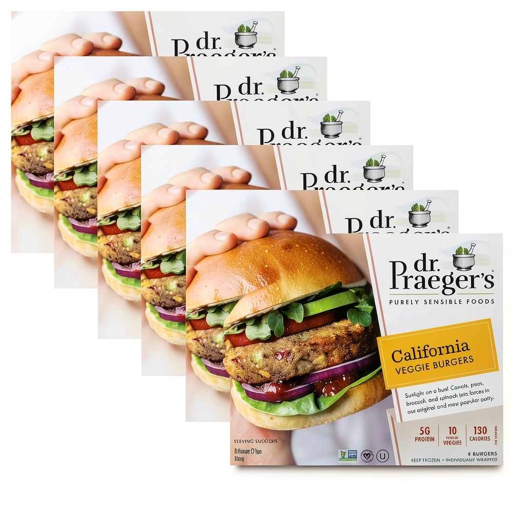 'Dr. Praeger's Kale Veggie Burgers served on a plate with fresh greens'
