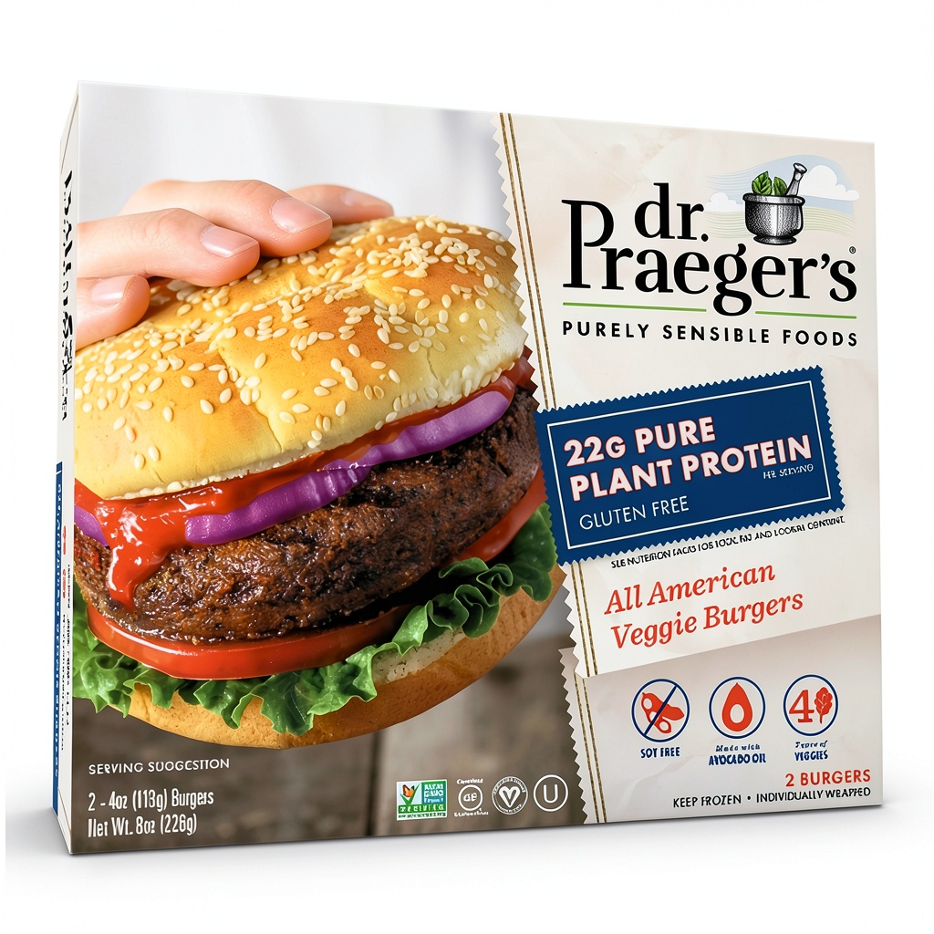 'Dr Praeger All American Veggie Burgers displayed on a plate with fresh toppings'
